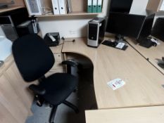 Light wood effect corner desk, with 1 pedestal & 1 black upholstered office chair