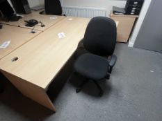 Light wood effect corner desk, with 1 pedestal & 1 black upholstered office chair