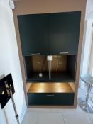 Brown and dark green storage unit with display shelves