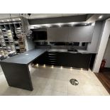 Charcoal grey finished display kitchen to include blanco sink, granite worktop (no appliances)