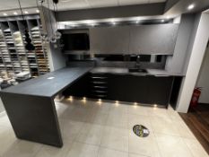 Charcoal grey finished display kitchen to include blanco sink, granite worktop (no appliances)