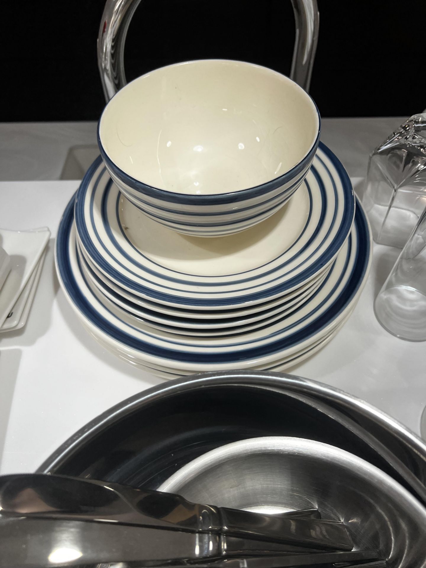 Blue and white striped plates, bowls with saucepans and cultenary - Image 2 of 4