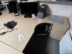 Light wood effect corner desk, with 1 pedestal & 1 black upholstered office chair