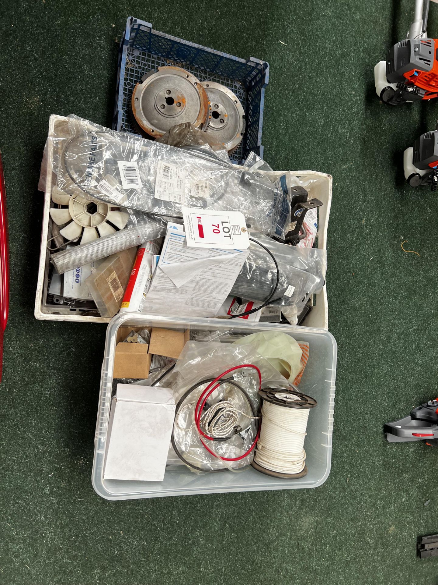 Three boxes of miscellaneous parts for gardening machinery (This lot is located in Plympton)