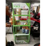 Green 4-shelf display rack, to include nine Eco 2 stroke oil bottles, height 1.68m x width 65cm x