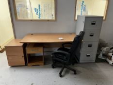 Desk, leather chair, two pedestals, filing cabinet (this lot is located at Portreath)