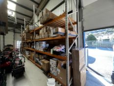 Three bays of adjustable boltless racking with wooden shelving, height 4.5m x width 8.4m x depth 1.