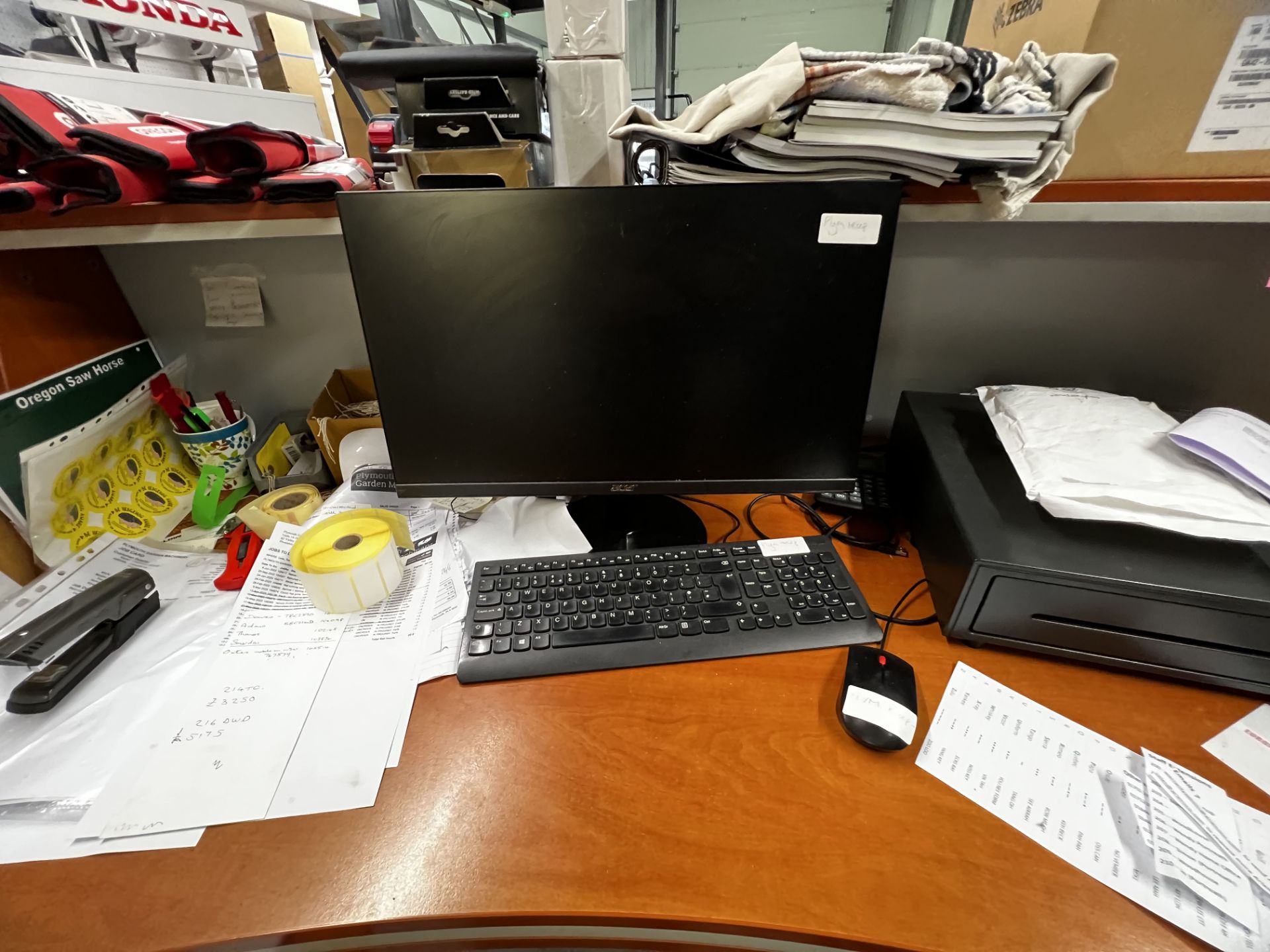 Reception desk to include curved built-in pedestal, Acer monitor, keboard & mouse, key safe, Yealink - Image 3 of 9