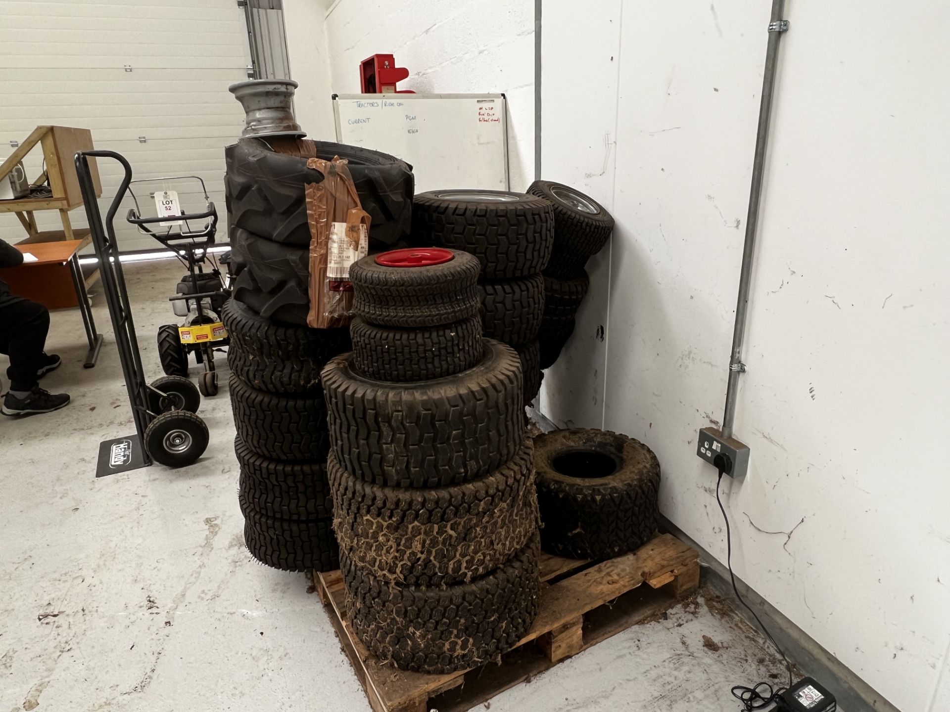 Pallet of generic ride on lawnmower tyre and wheel combinations, approx 32 (This lot is located in - Image 2 of 3