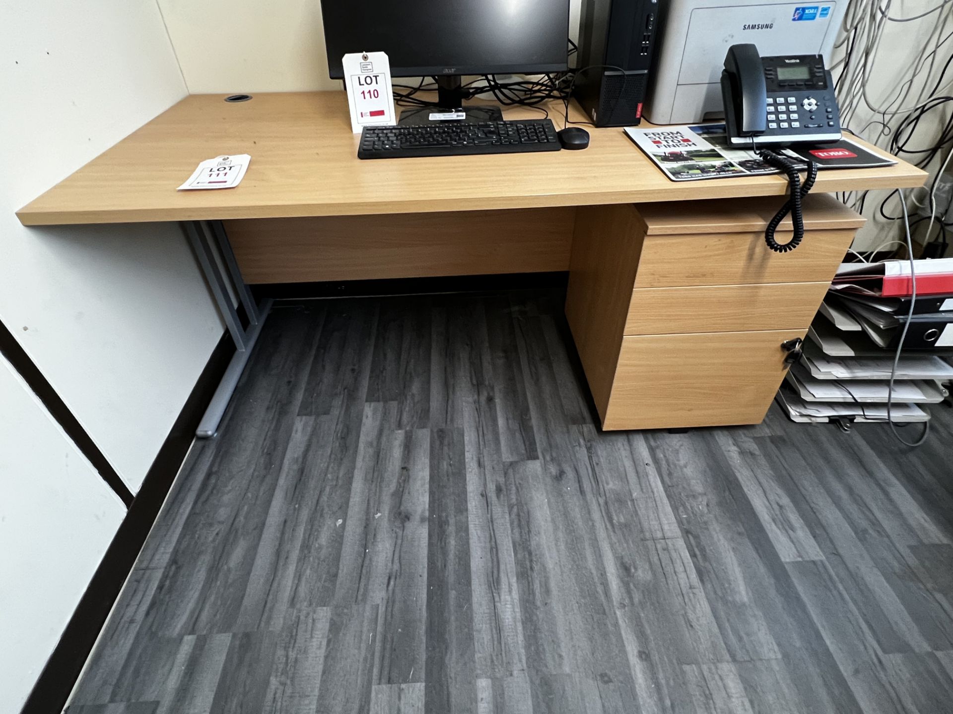 Office desk, pedestal, chair and electric heater (this lot is located at Portreath)