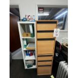 Two light wood effect 3 drawer storage cabinets (one with key) one white 4-shelf storage unit (