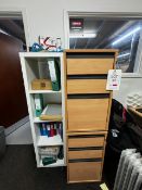 Two light wood effect 3 drawer storage cabinets (one with key) one white 4-shelf storage unit (