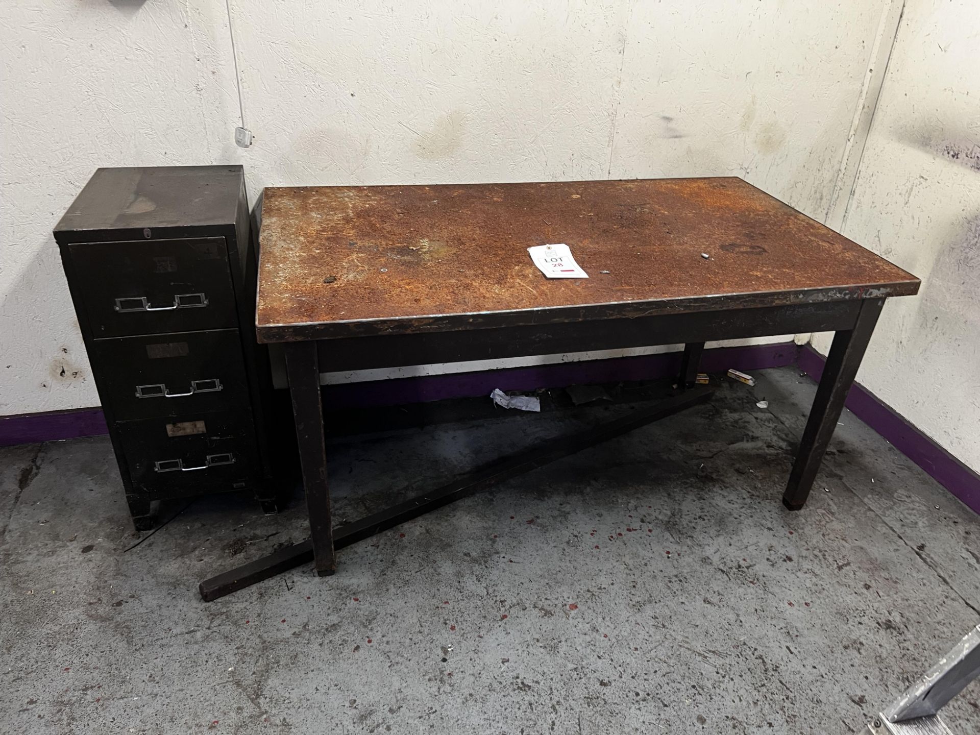 Metal table, length 1.53m x width 85cm and 3-drawer metal cabinet (this lot is located at