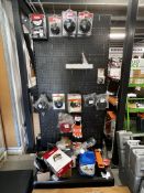 Two bays of workshop display units to include various Oregon and Stihl strimming items, height 2.