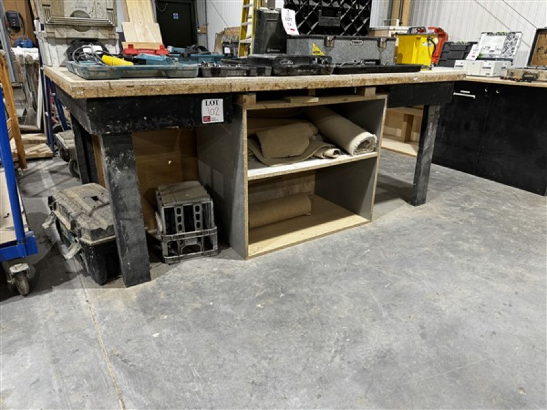 Wooden workbench, height 94cm x length 2.3m x width 1.4m (please note: to be collected on final