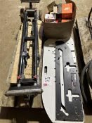 A pallet inculding chop saw tressel and Excel roller tressel and trend combined jig and assortment