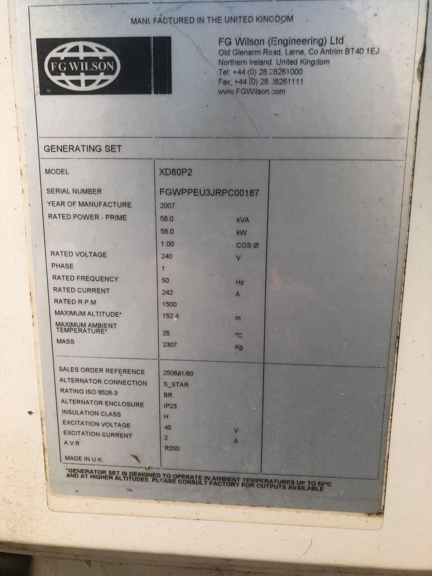 FG Wilson Generator Set model XD80P2 s/n FGWPPEU3VRPC00192 CWL No GEN06, 58KVA DOM 2007 c/w - Image 9 of 11