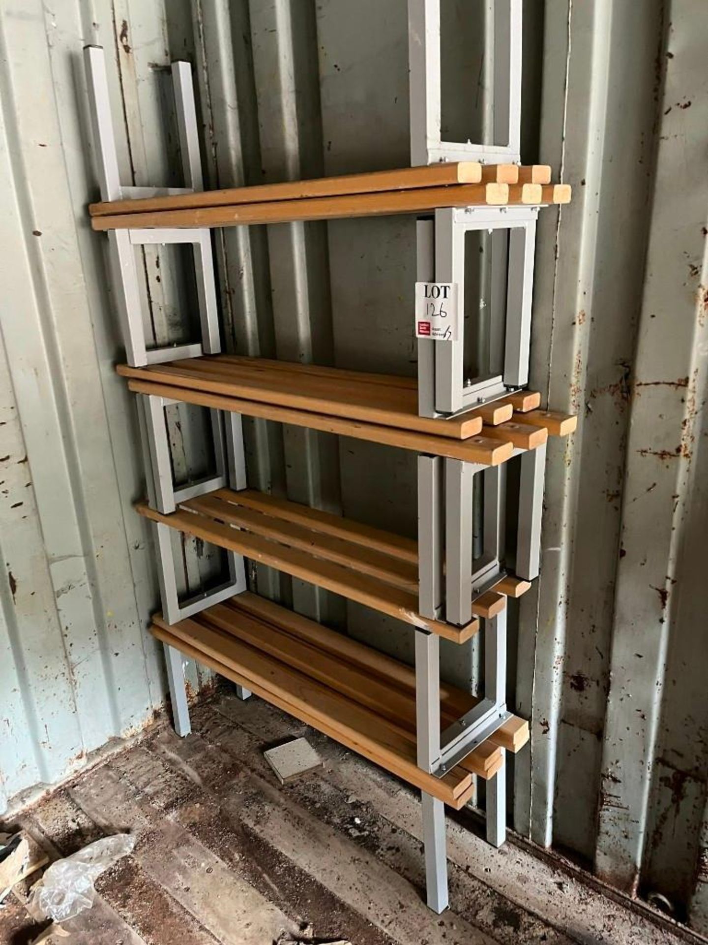 Set of 7 steel framed wooden slat benches