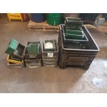 Quantity of various plastic stackable storage boxes