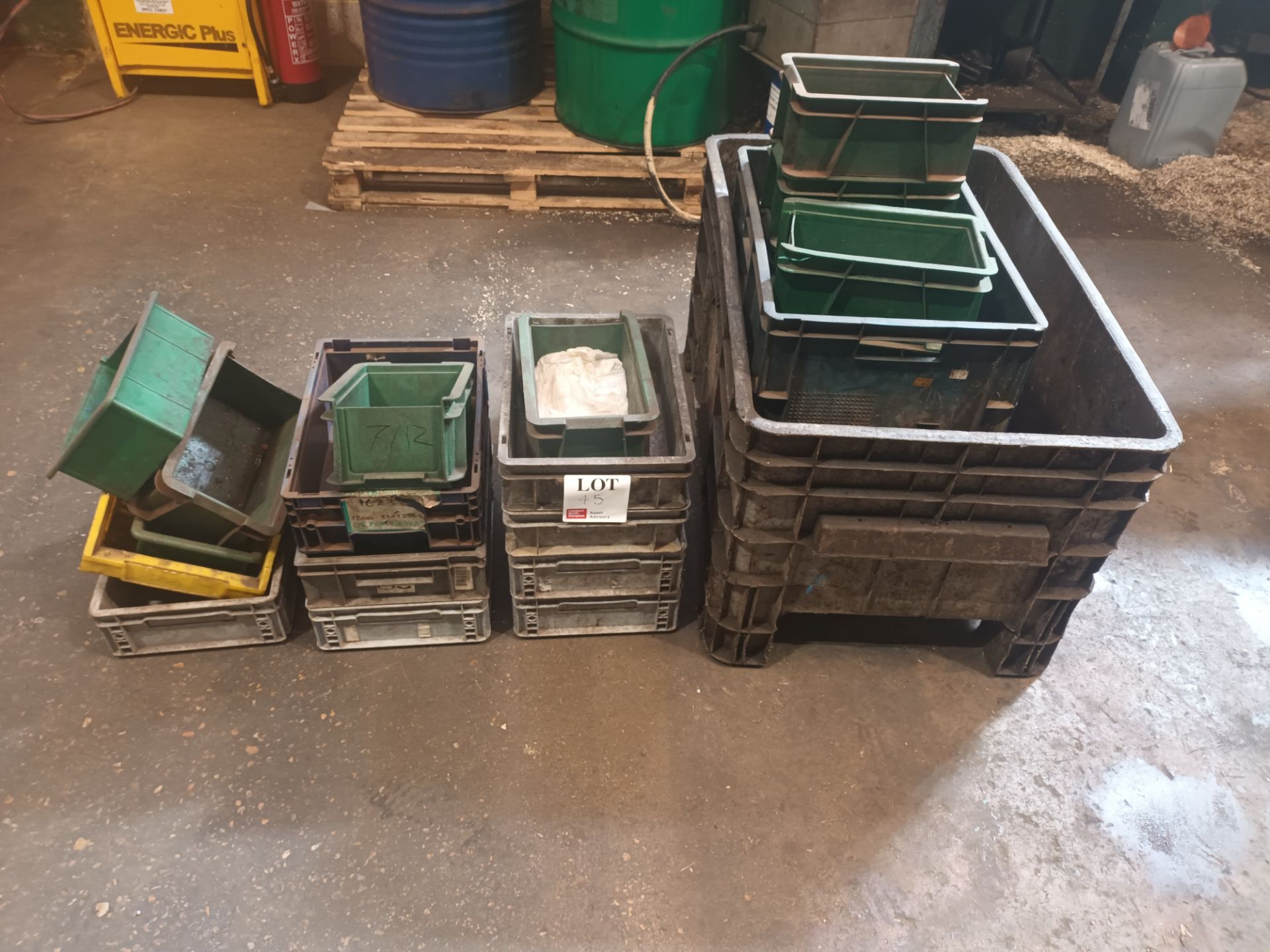 Quantity of various plastic stackable storage boxes