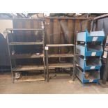 Two various metal framed racks and four metal stackable stillages