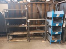 Two various metal framed racks and four metal stackable stillages