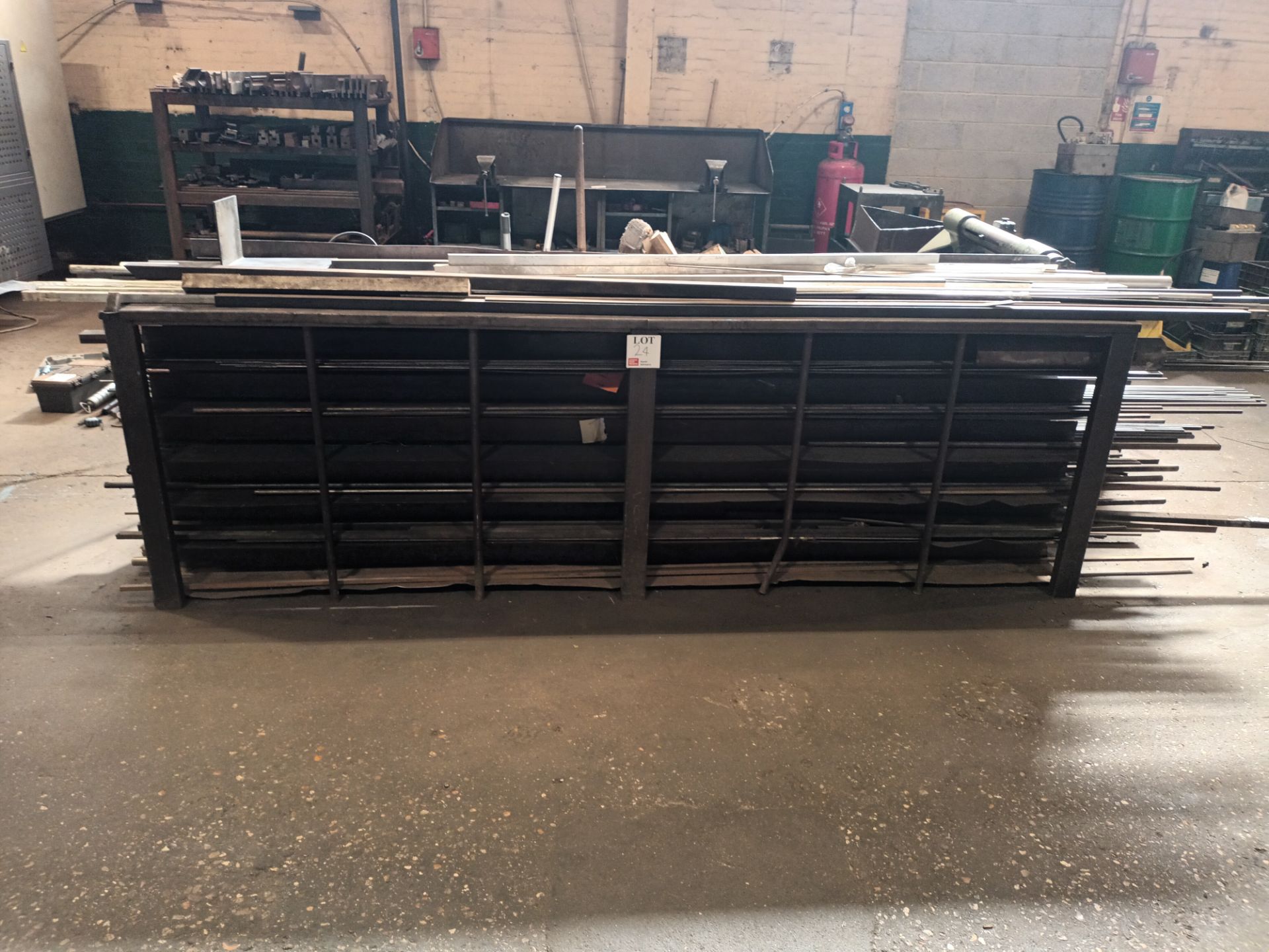 Welded steel stock rack with contents of assorted bar, rod and channel