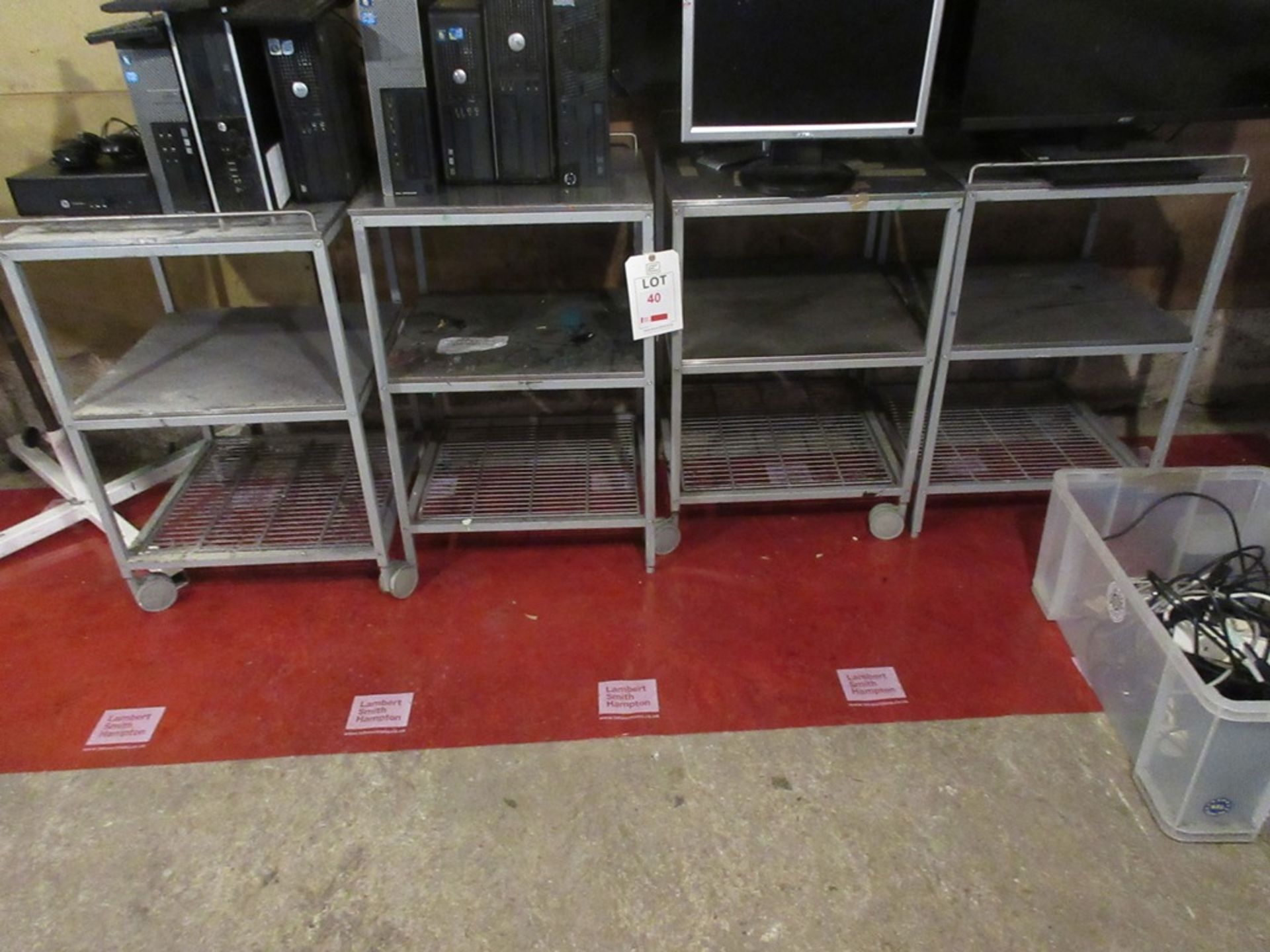 Four metal 3 shelf portable work stations, approx. size: 550mm x 550mm x H: 800mm