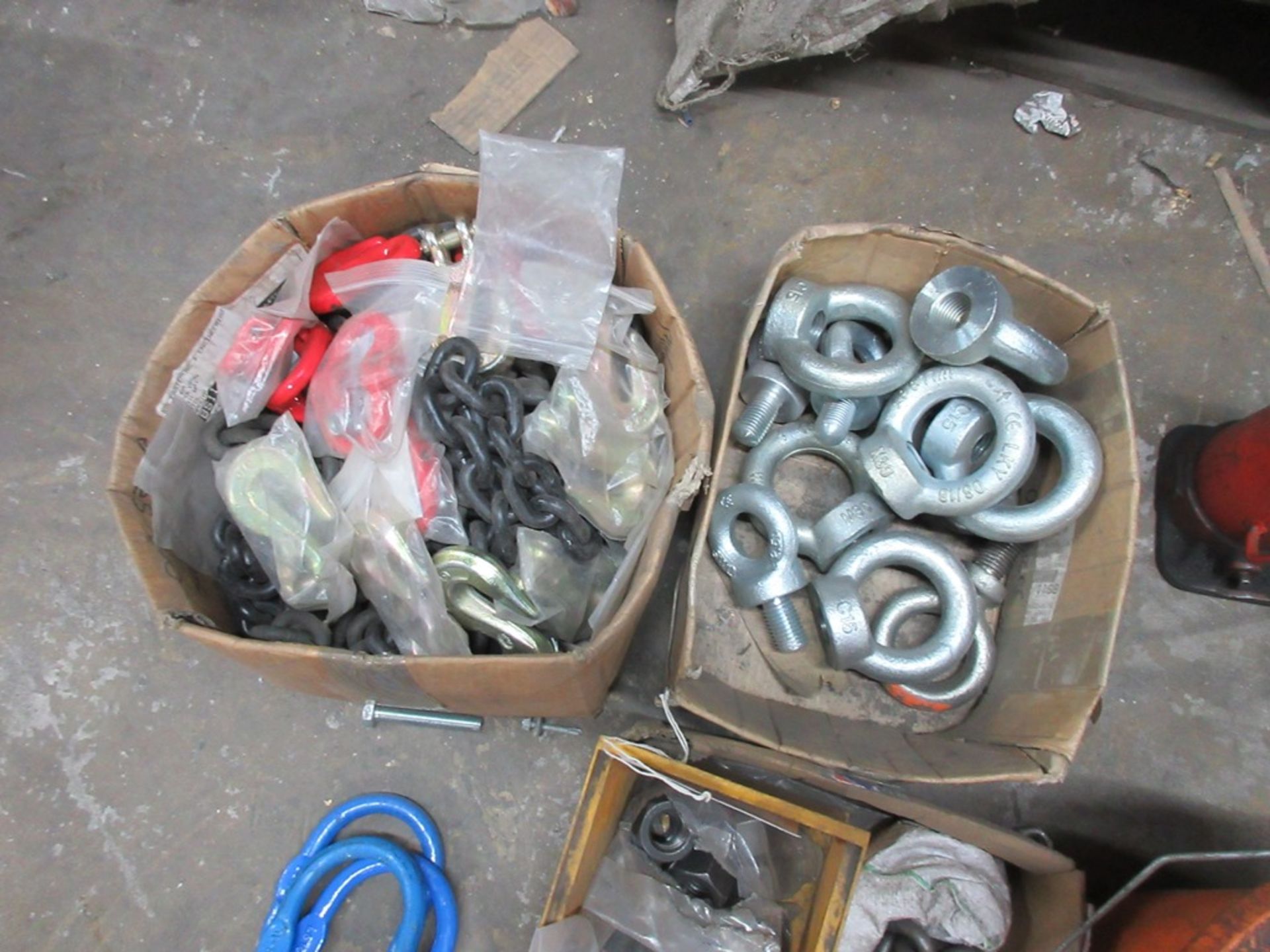 Quantity of assorted lifting chains, hooks, eyelets, etc. NB: This item has no record of Thorough - Image 3 of 5