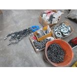 Quantity of assorted lifting chains, hooks, eyelets, etc. NB: This item has no record of Thorough