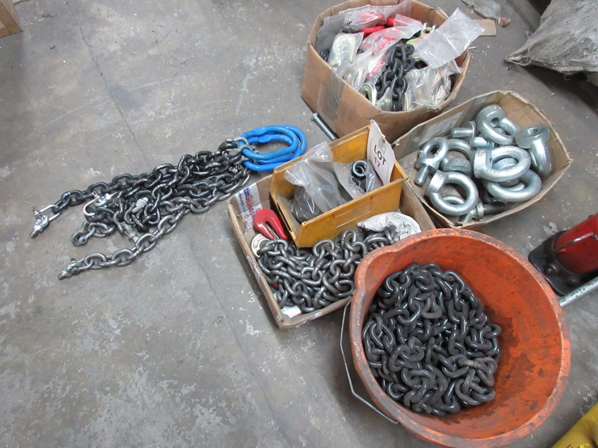 Quantity of assorted lifting chains, hooks, eyelets, etc. NB: This item has no record of Thorough
