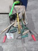 Nutool electric strimmer, four spades, sledge hammer and wheelbarrow