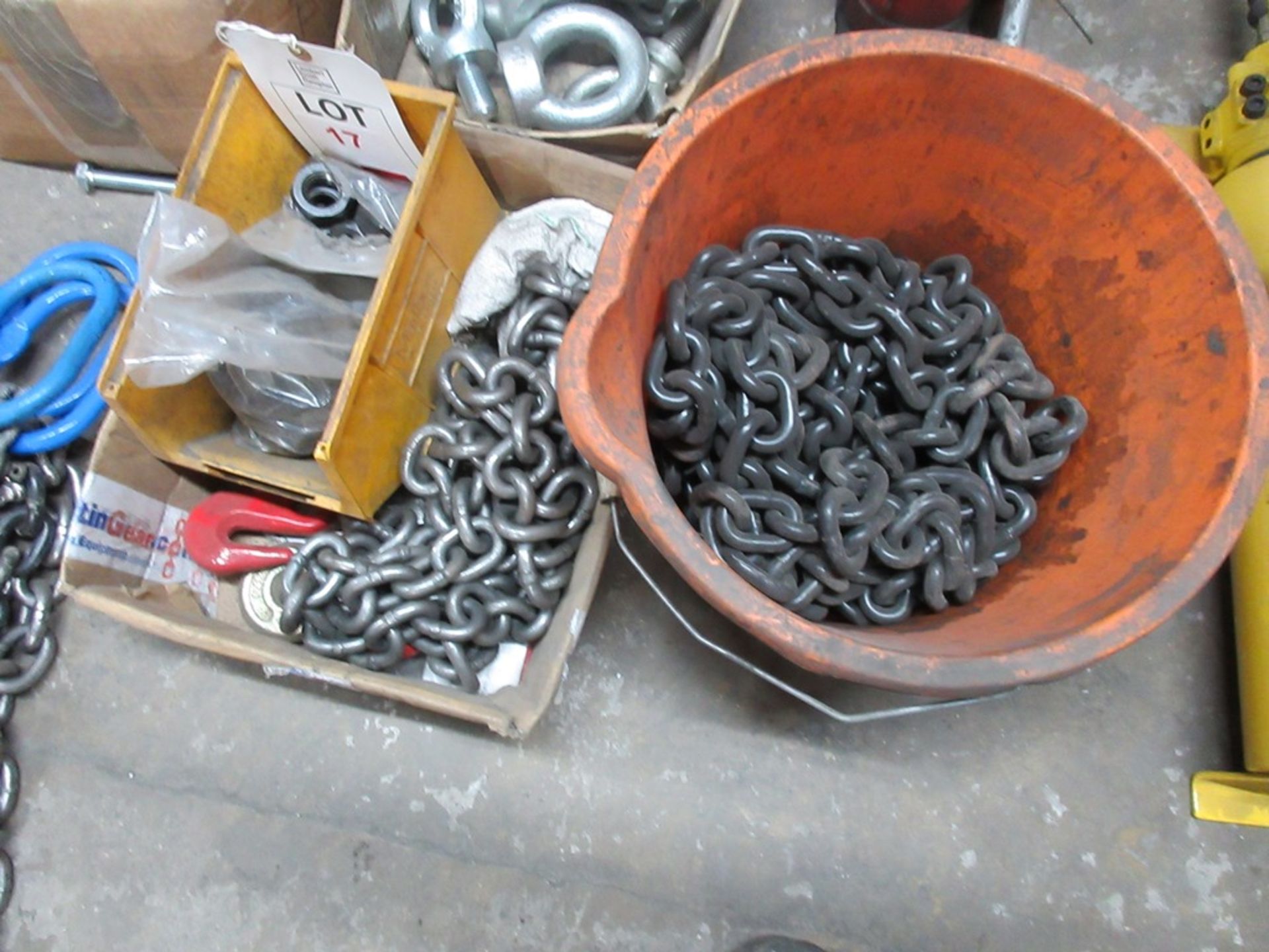 Quantity of assorted lifting chains, hooks, eyelets, etc. NB: This item has no record of Thorough - Image 2 of 5