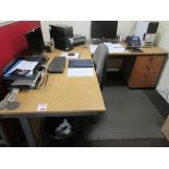 Four assorted light wood desks, office chairs, two pedestal drawers, refrigerator