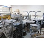 Twenty assorted metal framed plastic seat canteen style chairs, four oval pedal tables