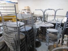 Twenty assorted metal framed plastic seat canteen style chairs, four oval pedal tables
