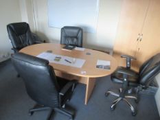 Laminate light wood boardroom table, four leather effect office swivel chairs