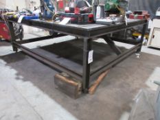 Steel framed workbenches, approx. 2530 x 2500mm with 6" bench vice