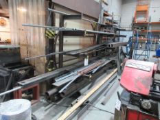 Steel 5 shelf rack and steel stock contents, rack length approx. 4m