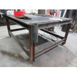 Steel framed workbenches, approx. 1500 x 1900mm with 6" bench vice