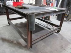Steel framed workbenches, approx. 1500 x 1900mm with 6" bench vice