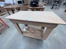 6 x various mobile wooden work tables and a mobile wooden crate