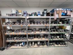 3 x bays of 5-tier boltless steel shelving with contents of assorted paint and abrasive foam roll