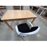 2 x wooden single-drawer desks and 2 x swivel armchairs