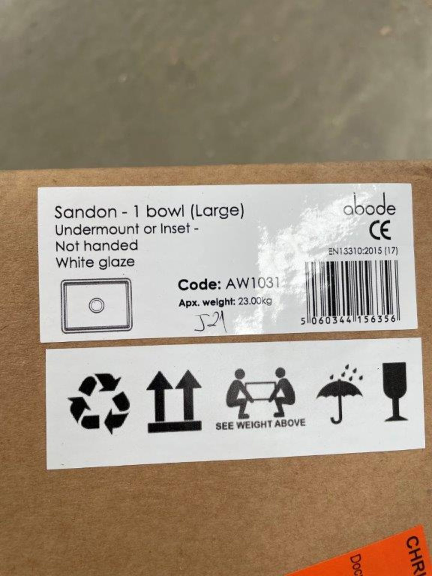 Abode Sandon AW1031 large 1 bowl white ceramic undermount inset sink, 595 x 460 mm - Image 2 of 3