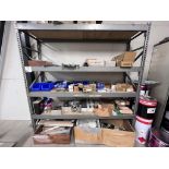 4-tier boltless steel rack with contents of assorted door hinges and drawer fittings