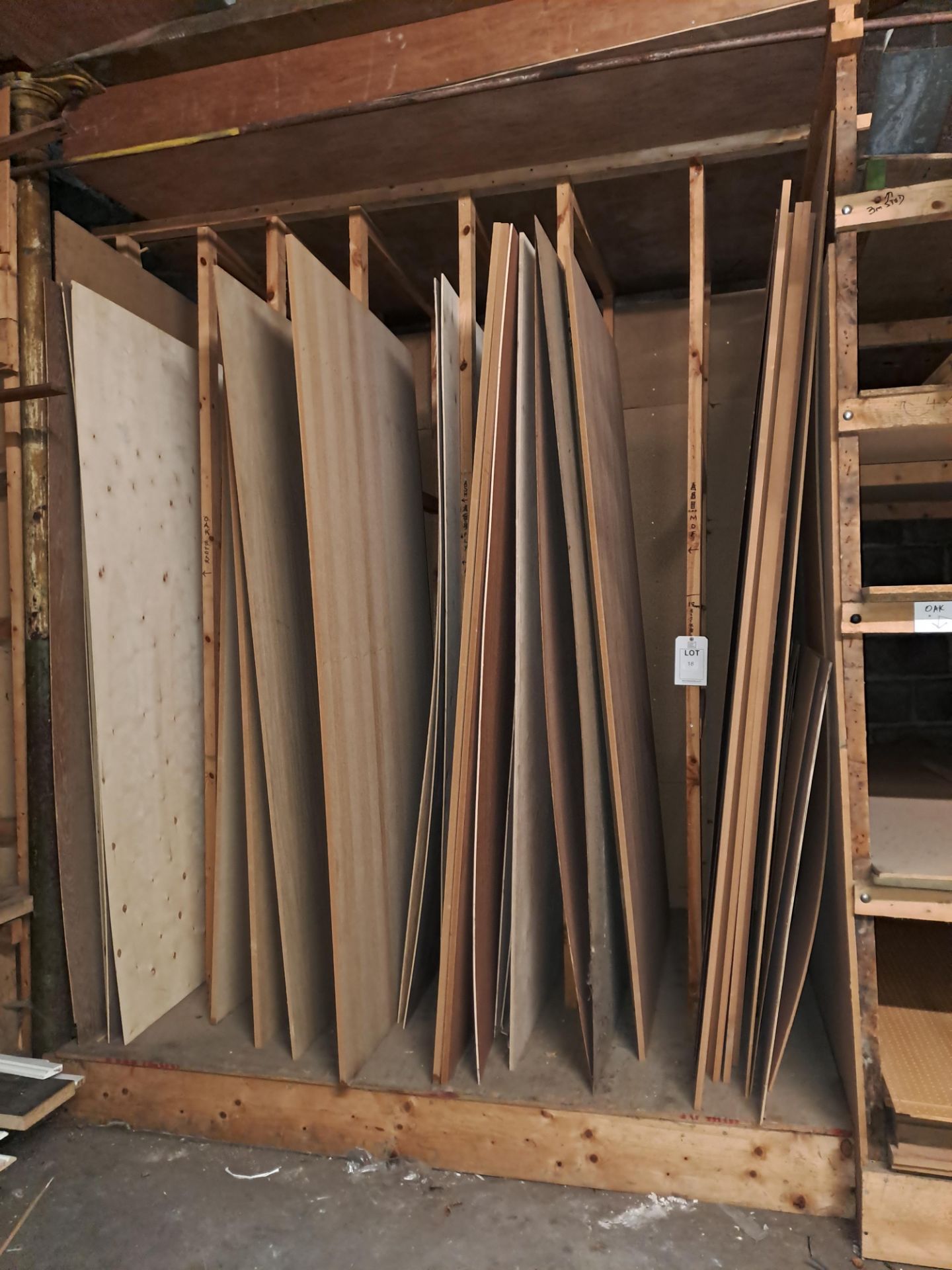 Quantity of various MDF sheet boards, plyboard sheets etc., to 1 x rack & 1 x shelf (various
