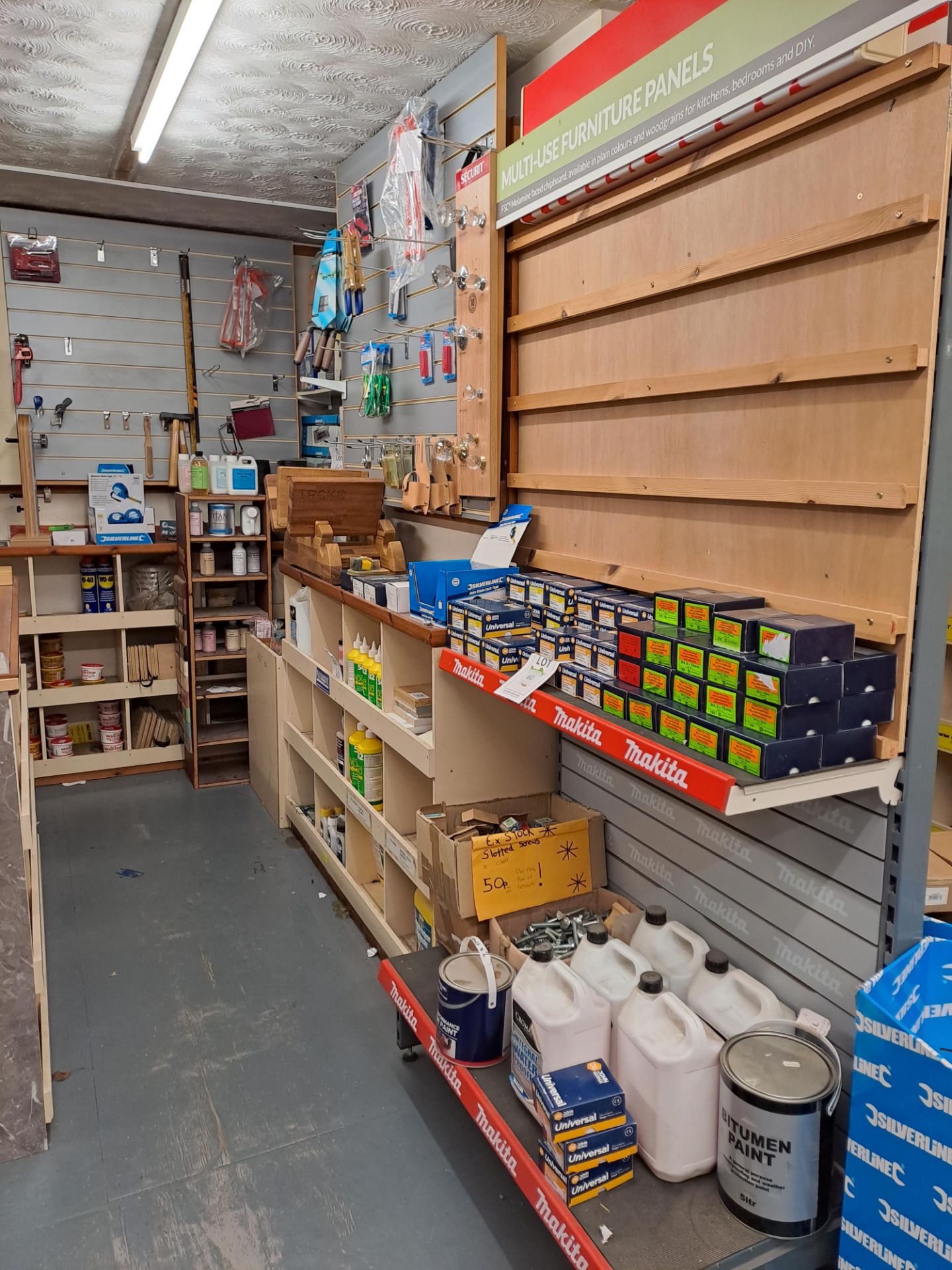 Remaining shop stock contents to include tools, solvents, handrail accessories, screws, nails