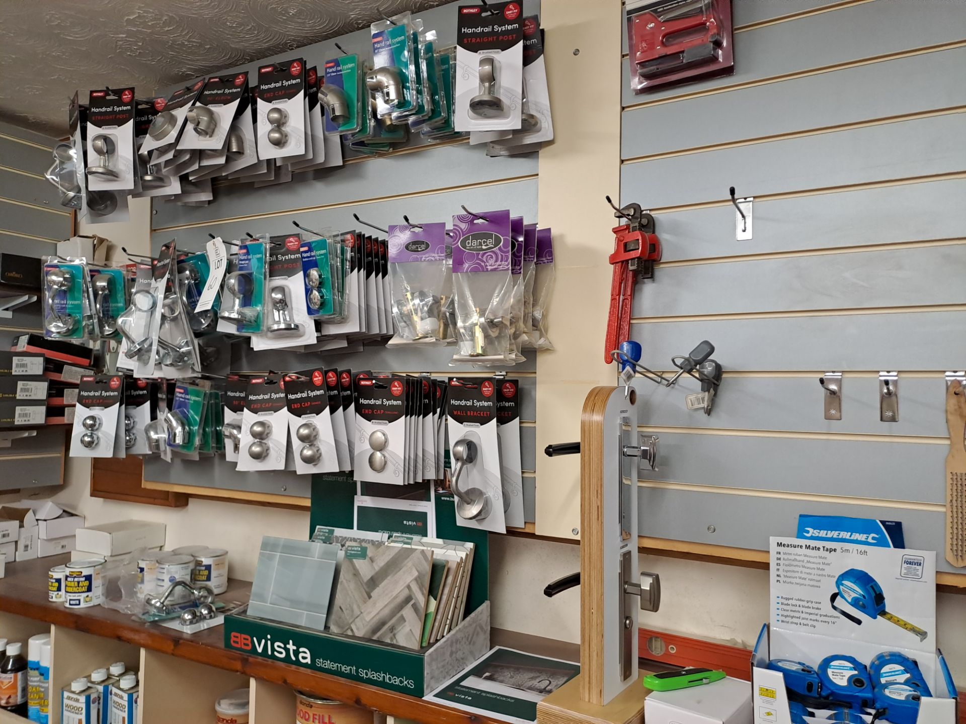 Remaining shop stock contents to include tools, solvents, handrail accessories, screws, nails - Image 11 of 15