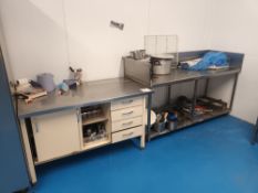 Two various stainless steel top preparation table and contents comprising various bakery equipment